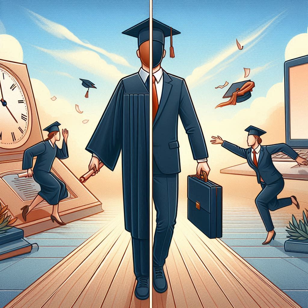 a split image with a person graduating on one side and on the other side they are starting a new job